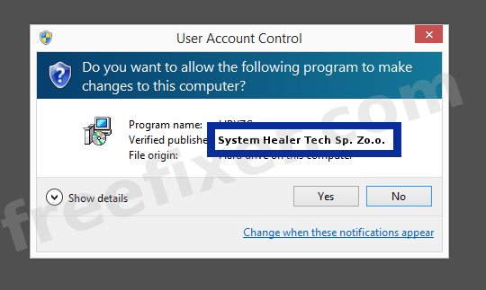 Screenshot where System Healer Tech Sp. Zo.o. appears as the verified publisher in the UAC dialog